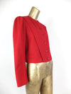 80s Mod Style Red Wool Structured Boxy Button Down Puff Sleeve Blazer Jacket with Padded Shoulders