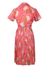 Vintage 60s Mod Chic Bright Pink Floral Short Sleeve Collared Button Down Fit & Flare Pleated A-Line Midi Dress | Size S-M