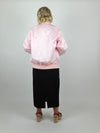 80s Athletic Silky Satin Baby Pink Mockneck Embroidered Baseball Bomber Jacket