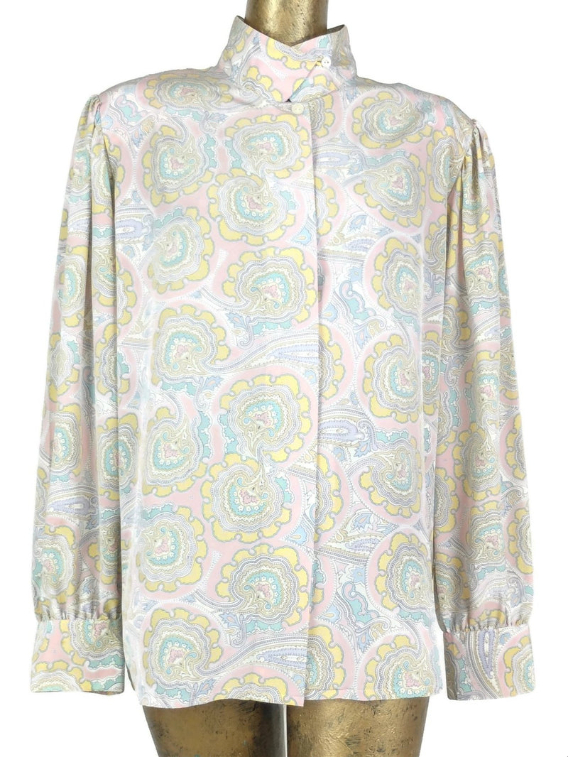 80s Psychedelic Paisley Pastel Long Sleeve Mockneck Collared Button Up Blouse