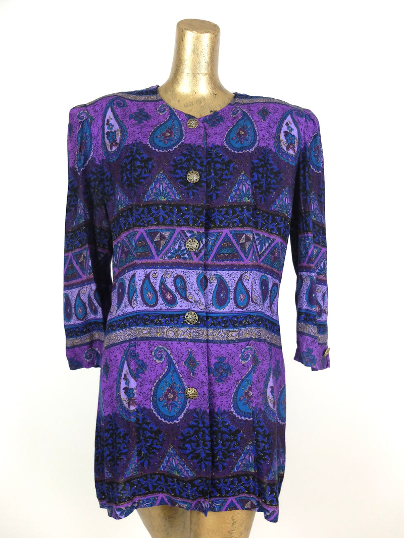 80s Bright Purple Abstract Paisley Print 3/4 Sleeve Button Up Blouse