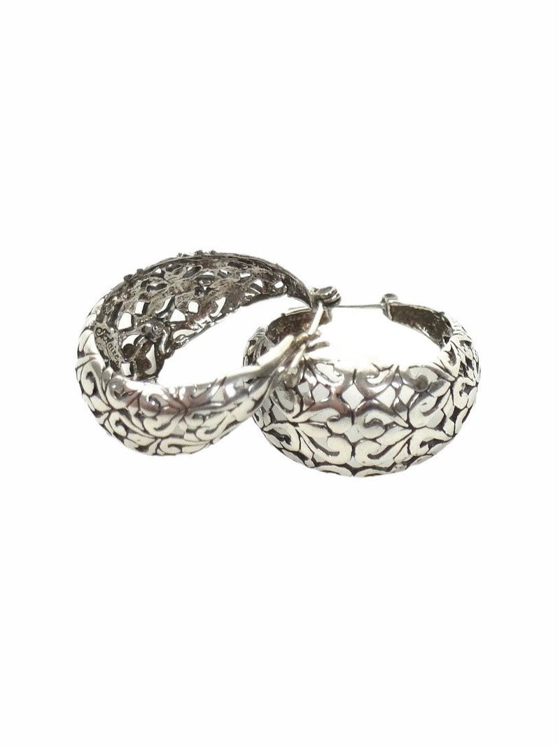 Vintage 70s Sterling Silver 925 Stamped Bohemian Hippie Thick Chunky Abstract Fleur-de-Lis Hoop Earrings