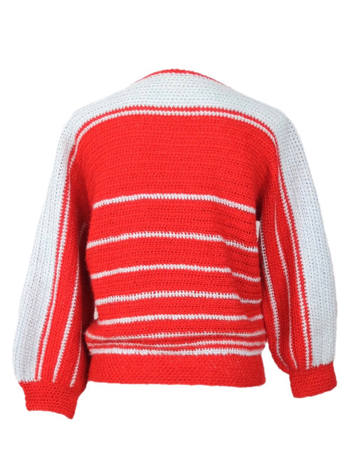 Vintage 60s Mod Kitsch Bright Red & Grey Striped Crocheted Knit Balloon Sleeve Pullover Sweater Jumper | Size S-M