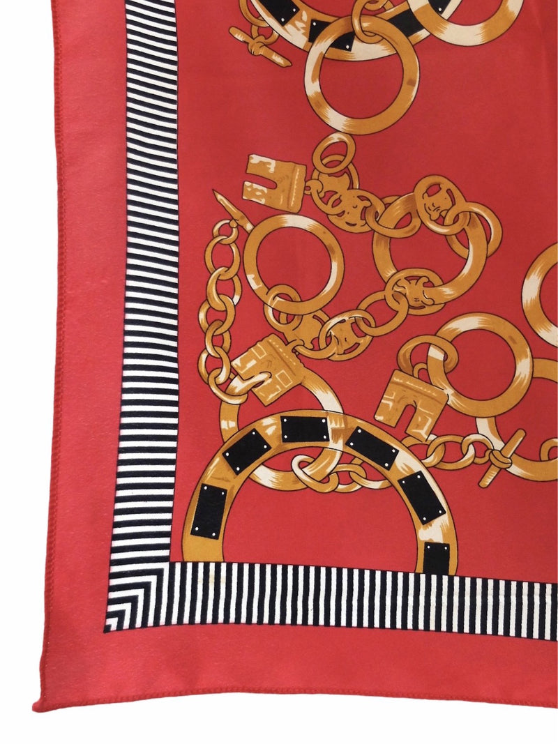 Vintage 80s Avant-Garde Abstract Baroque Chain Print Red & Gold Square Bandana Neck Tie Scarf