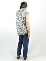 90s Floral Denim Collared Sleeveless Button Up Blouse