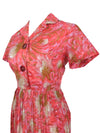 Vintage 60s Mod Chic Bright Pink Floral Short Sleeve Collared Button Down Fit & Flare Pleated A-Line Midi Dress | Size S-M