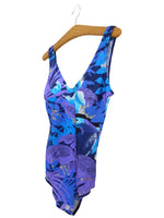 Vintage 80s One Piece Purple & Blue Floral Abstract Swimsuit Bathing Suit with Padded Bust | Size M