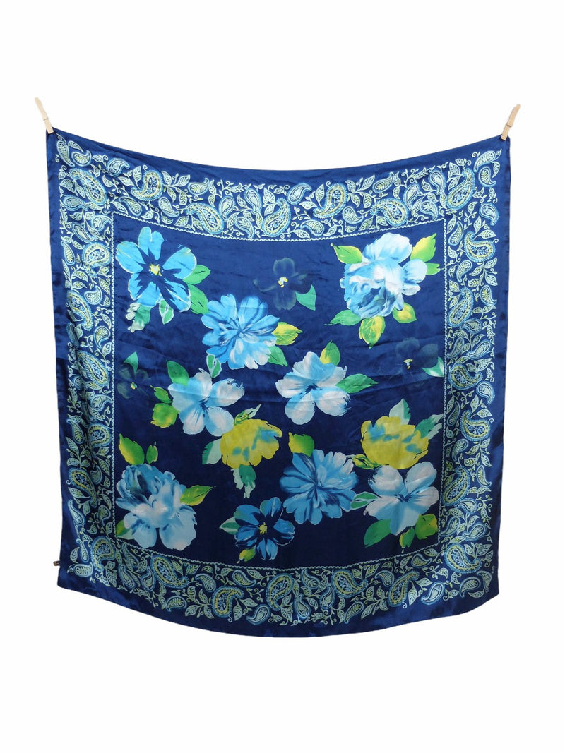 Vintage 80s Bohemian Chic Blue Floral Roses & Paisley Print Silky Square Bandana Neck Tie Scarf