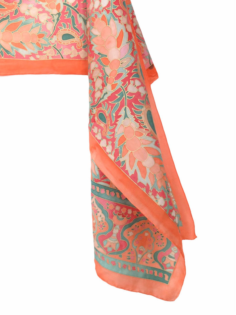 Vintage 60s Handpainted Silk Psychedelic Mod Abstract Orange & Green Long Wide Neck Tie Scarf