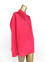 70s Silky Hot Pink Polka Dot Mockneck Long Sleeve Button Up Blouse
