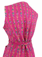Vintage 60s Mod Psychedelic Cottagecore Prairie Hot Pink Floral Print Zip Up Tank Circle Cotton Midi Dress