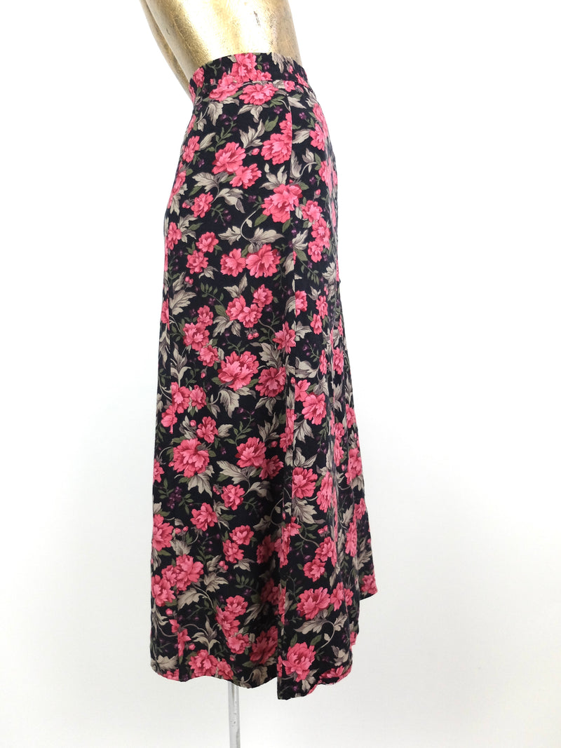 80s Romantic Bohemian Floral High Waisted Circle Maxi Skirt
