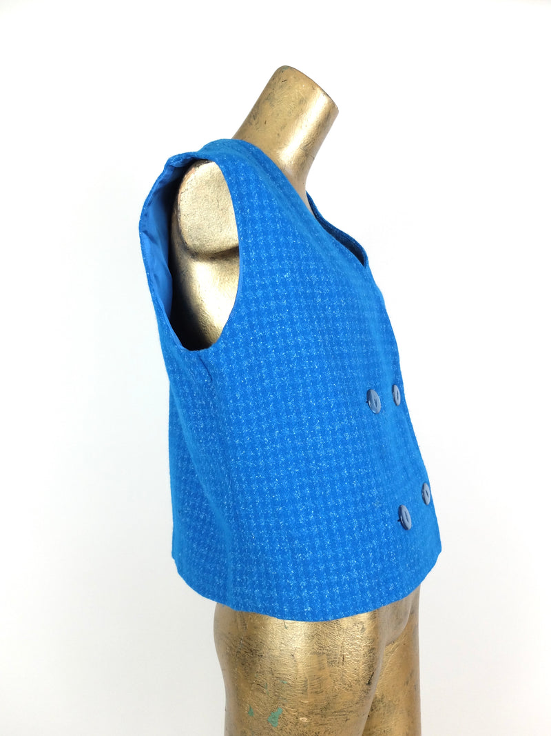 60s Mod Bright Blue Houndstooth Sleeveless Button Up Vest