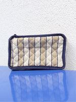 Vintage 70s Laura Ashley Prairie Cottagecore Milkmaid Quilted Striped Beige & Navy Blue Small Cosmetic Top Zip Pouch