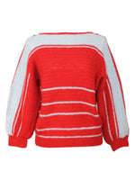 Vintage 60s Mod Kitsch Bright Red & Grey Striped Crocheted Knit Balloon Sleeve Pullover Sweater Jumper | Size S-M