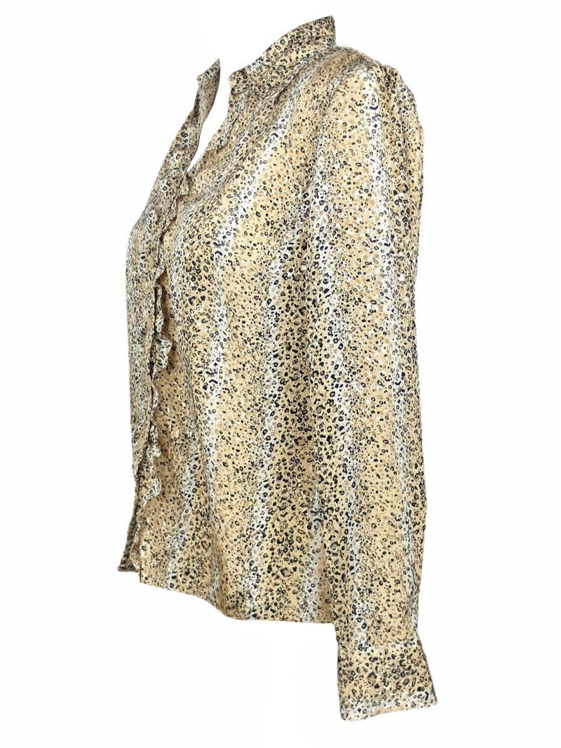 Vintage 90s Y2K Silky Ruffled Leopard Animal Print Collared Long Sleeve Button Up Disco Shirt Blouse
