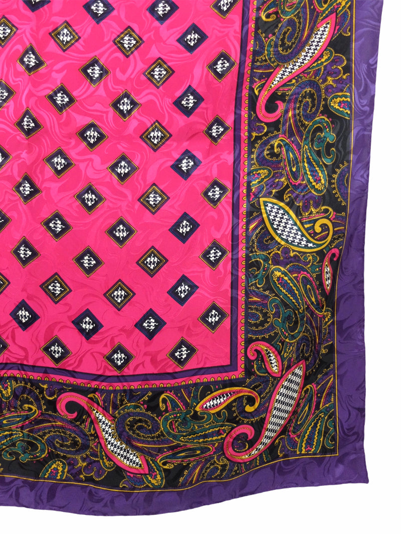 Vintage 70s Bright Abstract Psychedelic Mod Paisley Hot Pink & Purple Houndstooth Check Print Patterned Square Bandana Neck Tie Scarf with Handrolled Hem