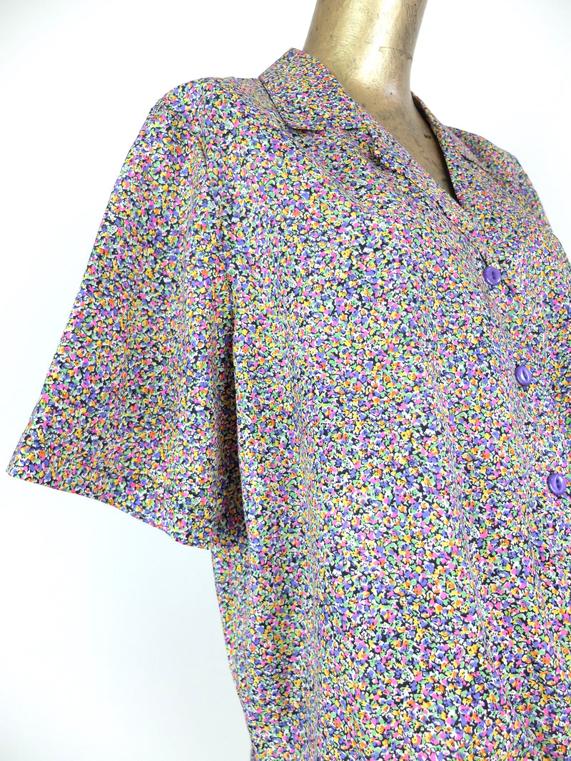 80s Abstract Psychedelic Polka Dot Print Collared Short Sleeve Button Up Blouse