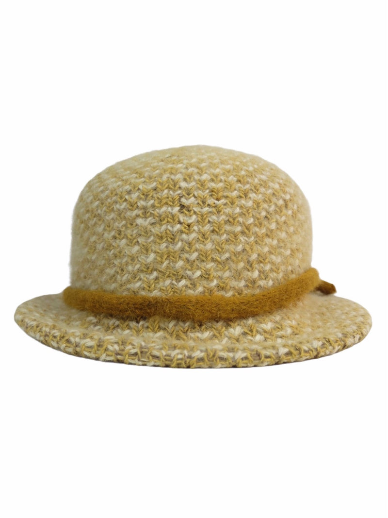 Vintage 50s Mid-Century Mod Mustard Yellow & White Crocheted Fitted Brimmed Fedora Hat