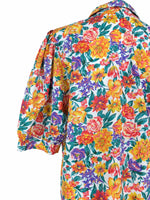 Vintage 80s Bright Floral Print Half Puff Sleeve Button Up Blouse | Women’s Size Medium-Large