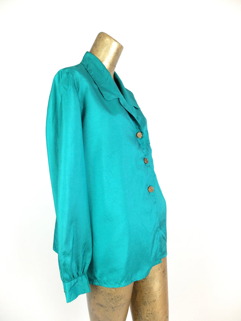 Vintage 80s Silky Turquoise Collared Long Sleeve Button Up Blouse