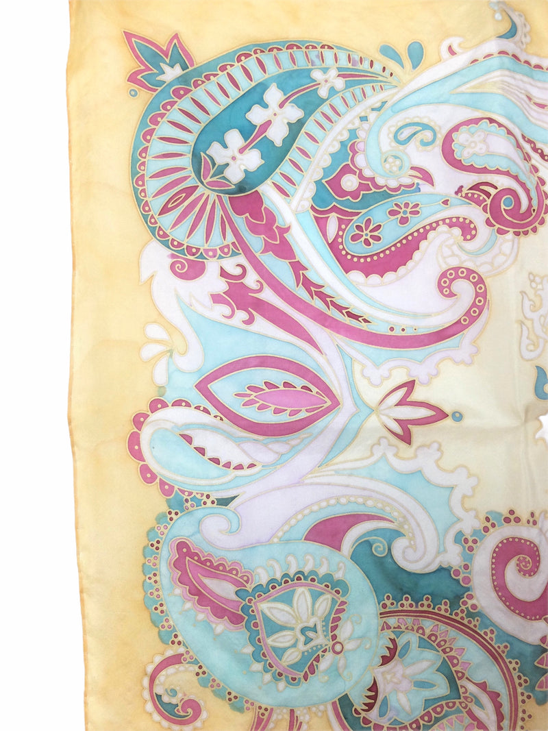 Vintage 80s Silk Hippie Psychedelic Paisley Patterned Handpainted Sheer Chiffon Square Bandana Neck Tie Scarf