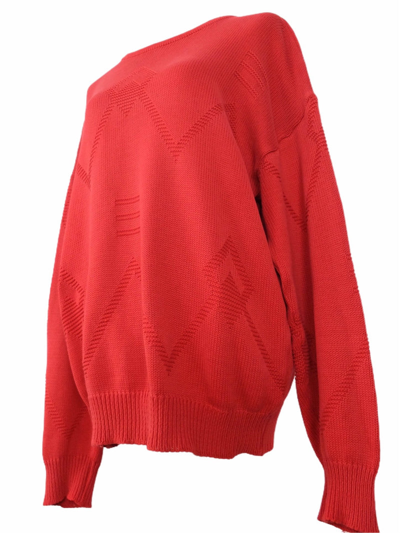 Vintage 80s Mod Bohemian Knit Bright Red Scoop Neck Pullover Sweater Jumper | Size XL-XXL