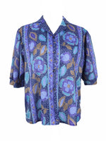 Vintage 80s Mod Bohemian Blue & Purple Floral Print Half Puff Sleeve Collared Button Up Shirt
