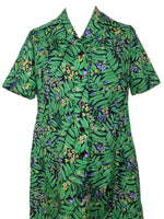 Vintage 60s Mod Psychedelic Tropical Safari Chic Bright Green Floral Print Collared Short Sleeve Button Up Midi Shift Dress | Size Medium