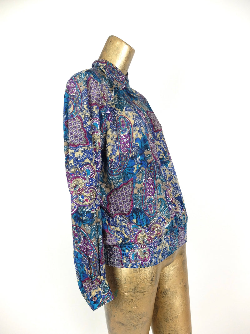 80s Psychedelic Abstract Paisley Print Long Sleeve Collared Button Up Blouse with Padded Shoulders and Elasticated Waist