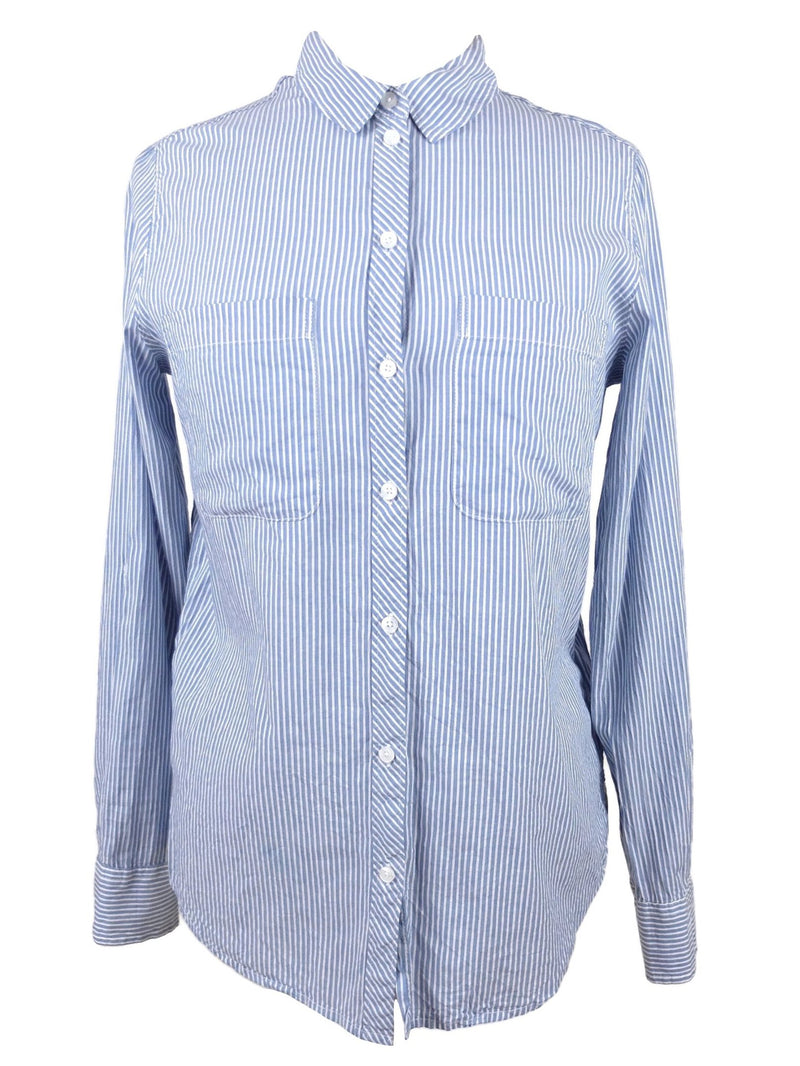 Vintage 90s Y2K Blue and White Striped Collared Thin Long Sleeve Button Up Dress Shirt