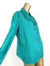 Vintage 80s Silky Turquoise Collared Long Sleeve Button Up Blouse