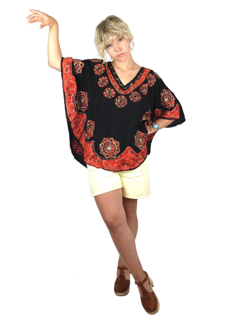 80s Hippie Festival Style Embroidered Tie Dye Butterfly Sleeve Pullover Poncho Blouse