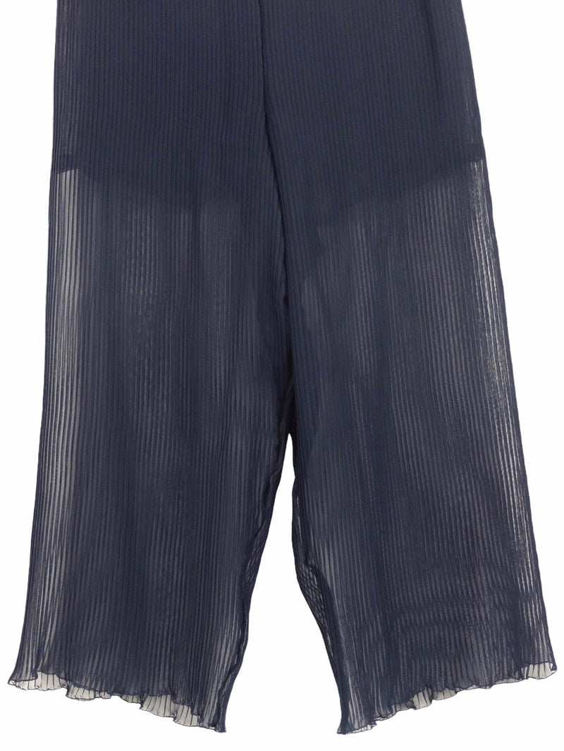 Vintage 80s Pleated Navy Blue High Waisted Sheer Flowy Pants with Shorts Slip, Partially Elasticated Waist & Lettuce Hem | Size 36-40 Waist