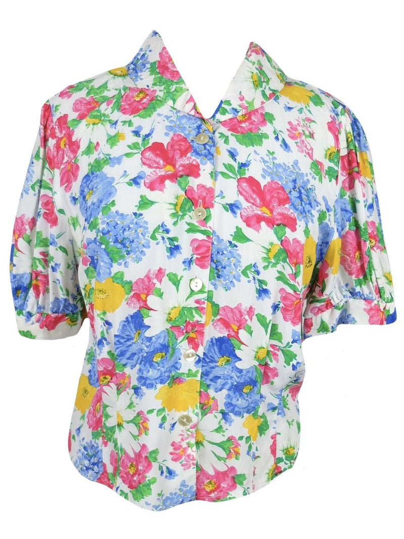 Vintage 80s Puff Sleeve Collared Floral Print Button Up Blouse