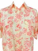 Vintage 80s Silk Bright Floral Yellow & Orange Short Sleeve Collared Button Up Hawaiian Shirt with Pockets