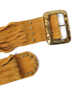 Vintage 70s Western Hippie Fringed Rust Orange Brown Suede Leather Wide Studded Buckle Belt