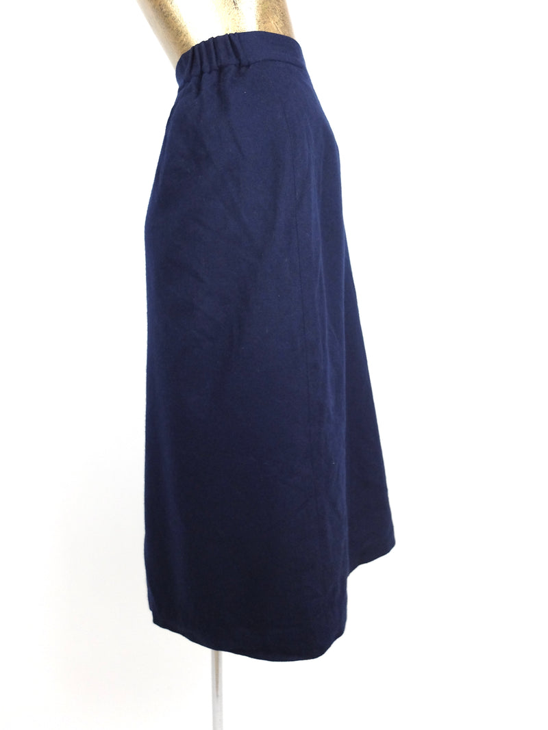 70s Mod Navy Blue Basic Wool High Waisted A-Line Midi Pencil Skirt