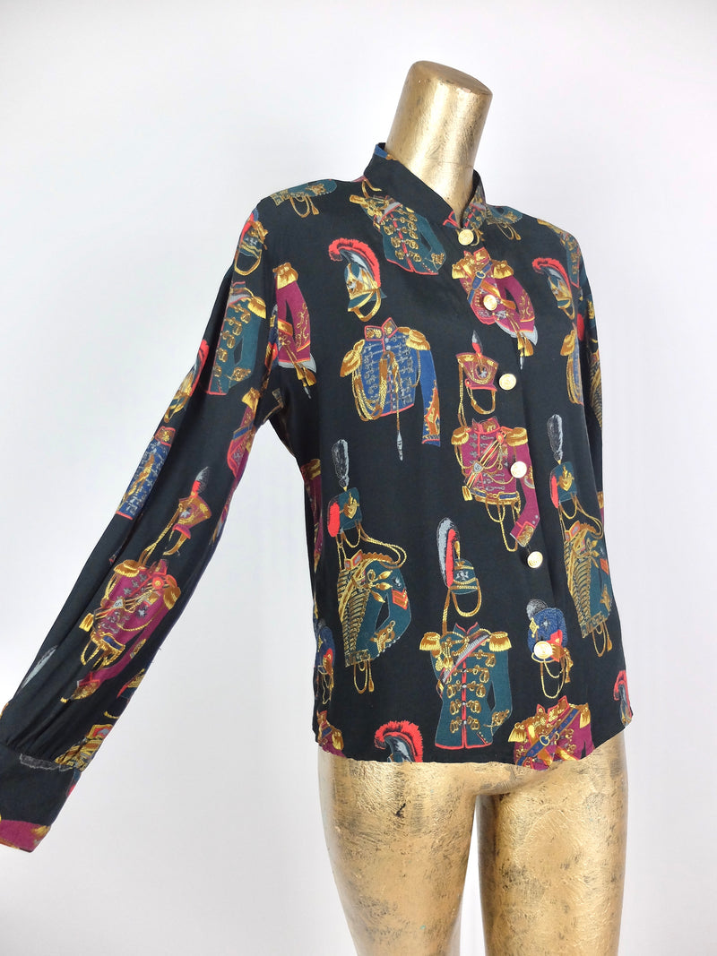 80s British Guard Baroque Patterned Collared Long Sleeve Button Up Shirt