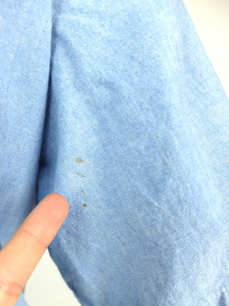 70s Light Wash Blue Denim Button Up Peplum Cinched Waist Half Sleeve Blouse