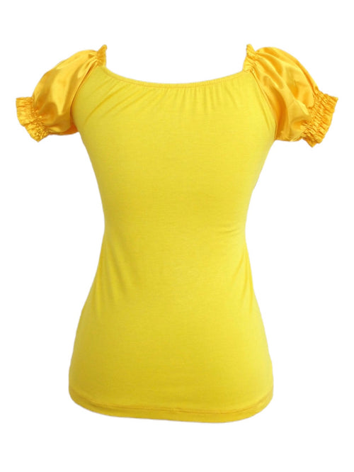 Vintage 00s Y2K Silky Ruched Puff Sleeve Bright Yellow Scoop Neck Blouse | Size S