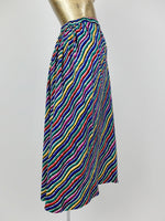80s Rainbow Abstract Striped High Waisted Silk Midi Circle Skirt
