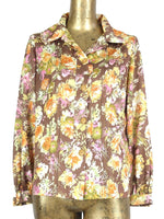 60s Mod Floral Print Rounded Collar Long Sleeve Front Pleated Button Up Shirt