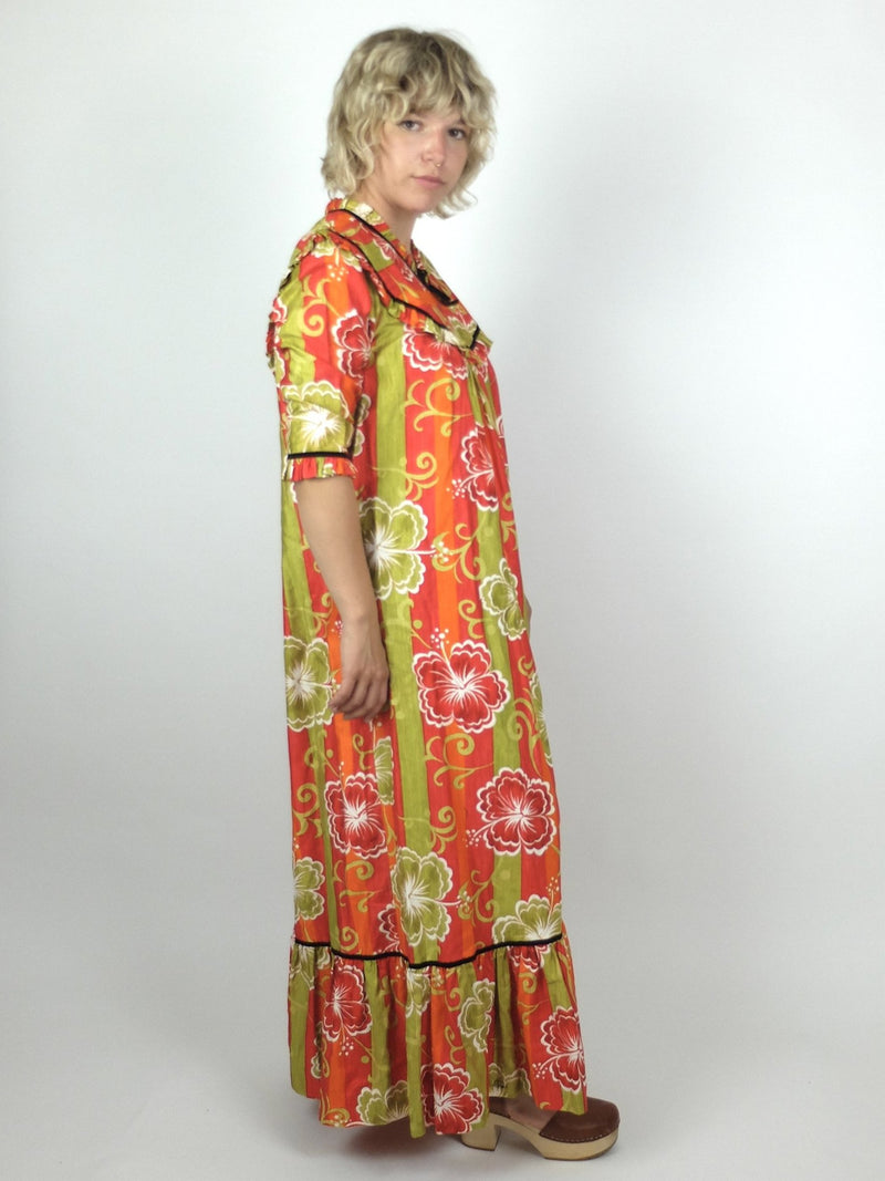 60s Mod Psychedelic Tropical Hawaiian Ruffled Half Sleeve Maxi Dress with Pockets
