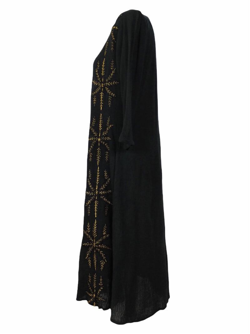 Vintage 80s Hippie Bohemian Festival Style Black Long Sleeve Midi Dress with Gold Embroidery Detail | Size Small