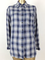80s Navy Blue Check Print Collared Button Up Long Sleeve Shirt