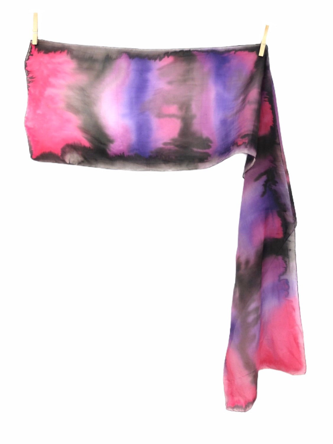 Vintage 80s Bright Pink Purple & Black Tie Dye Acid Wash Long Wide Neck Tie Scarf with Hand-Rolled Hem