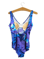 Vintage 80s One Piece Purple & Blue Floral Abstract Swimsuit Bathing Suit with Padded Bust | Size M