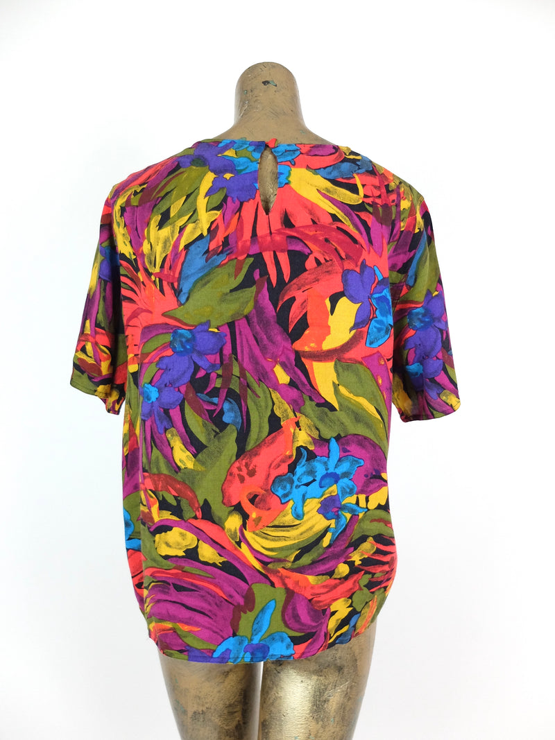 80s Floral Tropical Short Sleeve Blouse