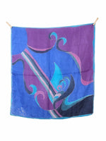 Vintage 80s Silk Handpainted Bright Blue & Purple Abstract Print Square Bandana Neck Tie Scarf with Hand-Rolled Hem
